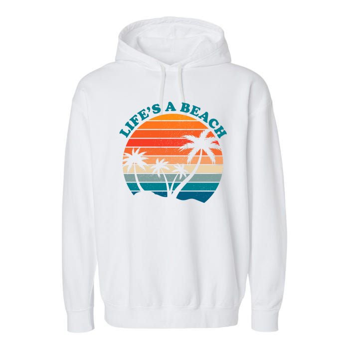 Lifes A Beach Retro Sunset Palm Tree Garment-Dyed Fleece Hoodie