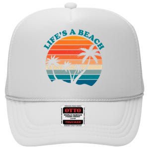 Lifes A Beach Retro Sunset Palm Tree High Crown Mesh Back Trucker Hat