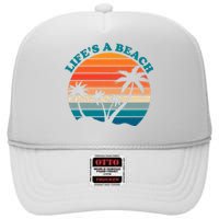 Lifes A Beach Retro Sunset Palm Tree High Crown Mesh Back Trucker Hat