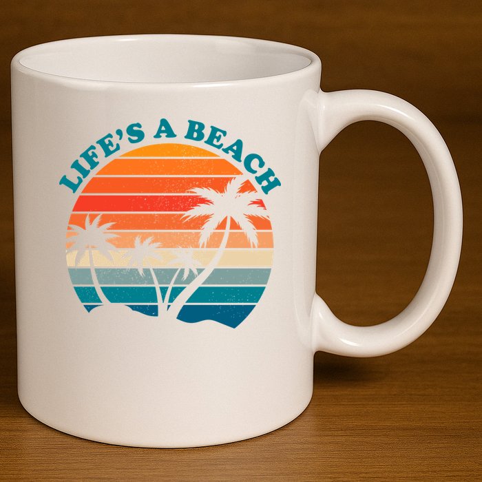 Lifes A Beach Retro Sunset Palm Tree 11oz C Handle Ceramic Mug