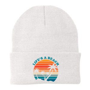 Lifes A Beach Retro Sunset Palm Tree Knit Cap Winter Beanie