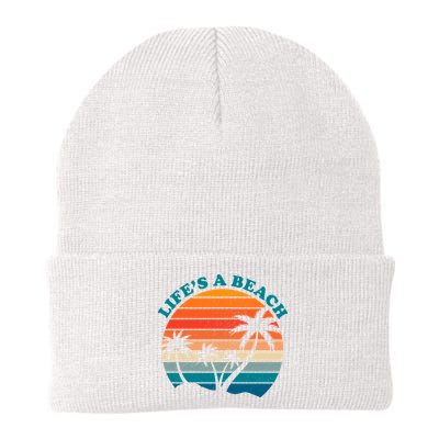 Lifes A Beach Retro Sunset Palm Tree Beanie