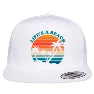 Lifes A Beach Retro Sunset Palm Tree Flat Bill Trucker Hat