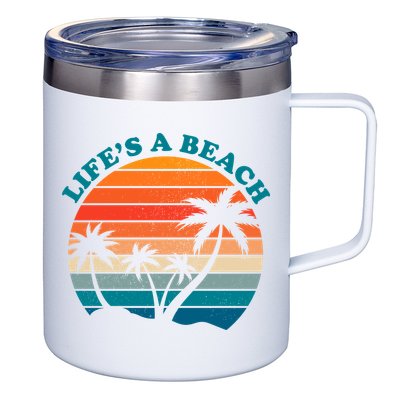 Lifes A Beach Retro Sunset Palm Tree 12oz Stainless Steel Coffee Mug