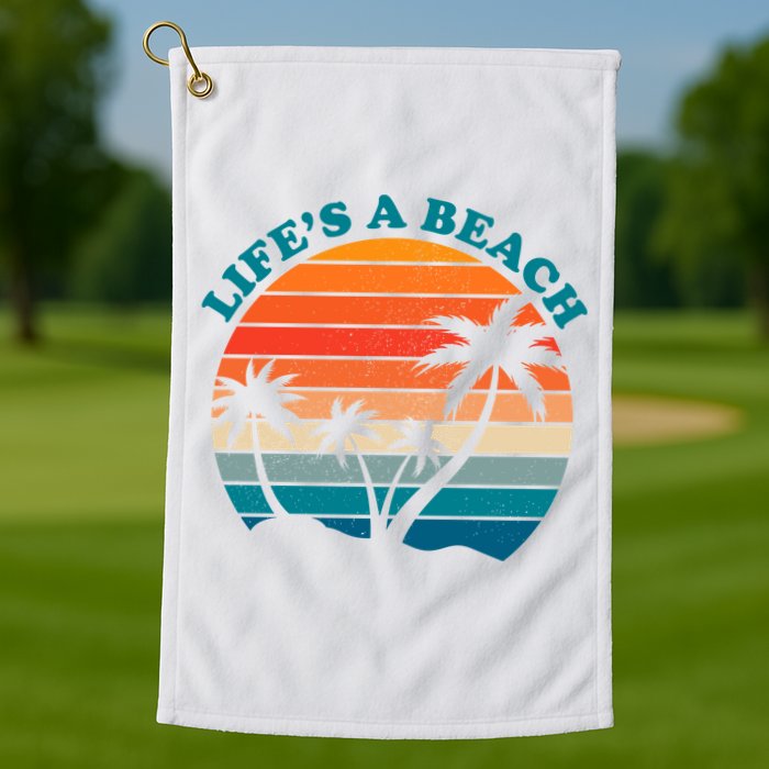 Lifes A Beach Retro Sunset Palm Tree Golf Towel