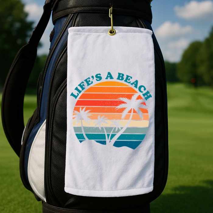 Lifes A Beach Retro Sunset Palm Tree Golf Towel
