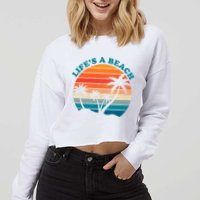 Lifes A Beach Retro Sunset Palm Tree Cropped Pullover Crew