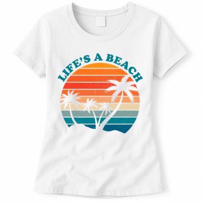 Lifes A Beach Retro Sunset Palm Tree Womens T-Shirt