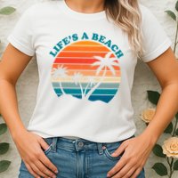 Lifes A Beach Retro Sunset Palm Tree Womens T-Shirt