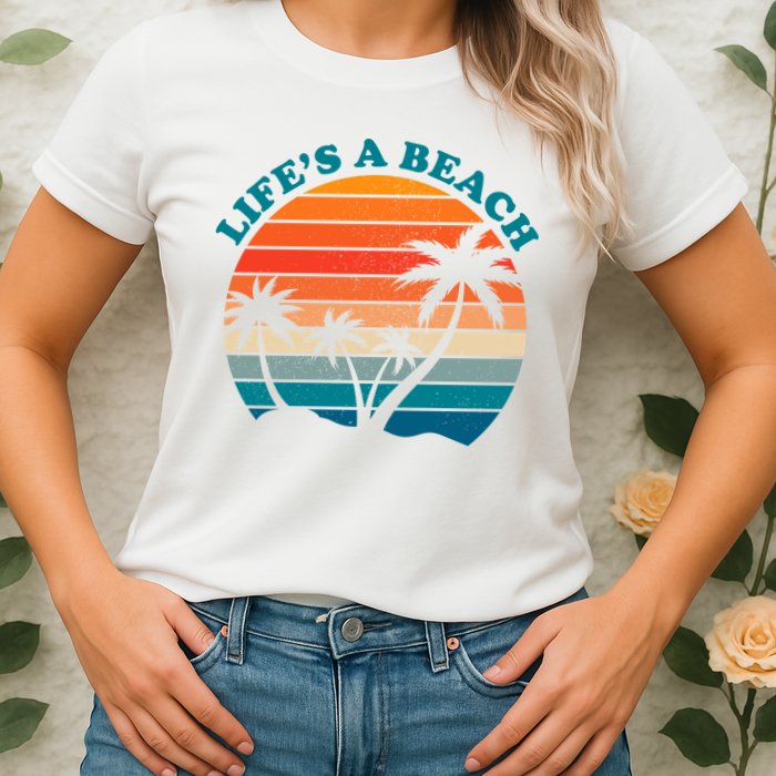 Lifes A Beach Retro Sunset Palm Tree Womens T-Shirt