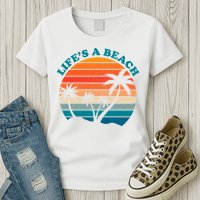 Lifes A Beach Retro Sunset Palm Tree Womens T-Shirt
