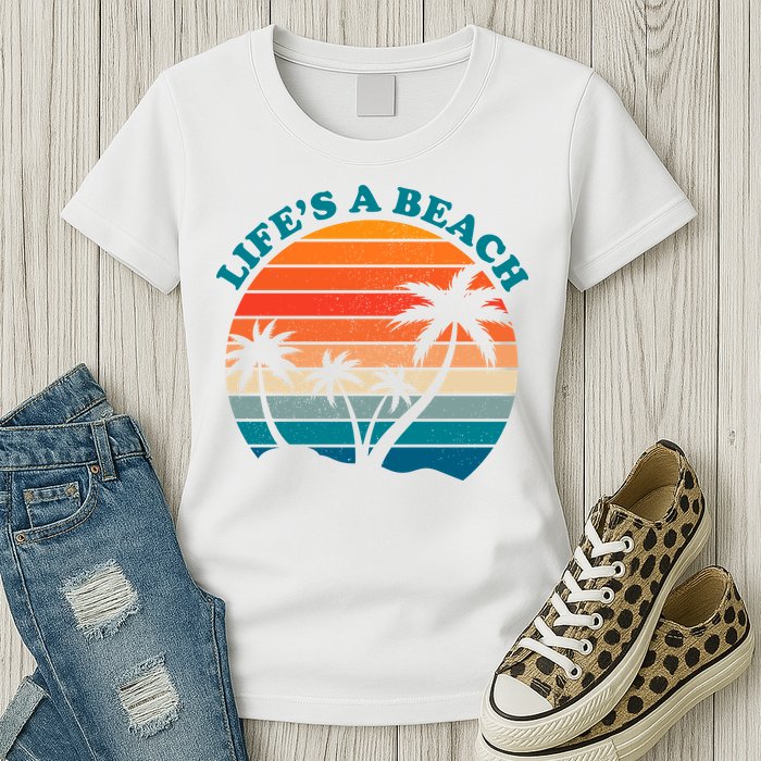 Lifes A Beach Retro Sunset Palm Tree Womens T-Shirt
