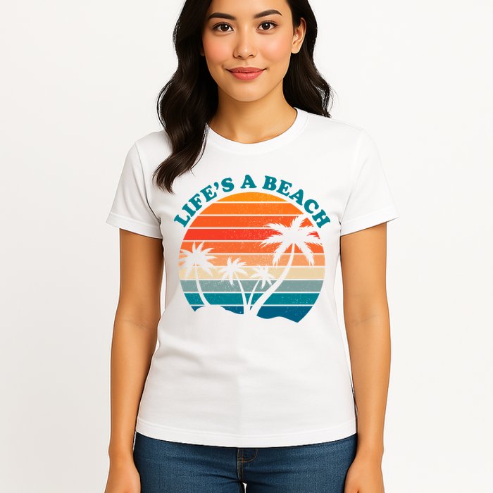 Lifes A Beach Retro Sunset Palm Tree Womens T-Shirt