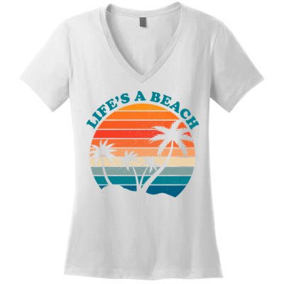 Lifes A Beach Retro Sunset Palm Tree Women's V-Neck T-Shirt