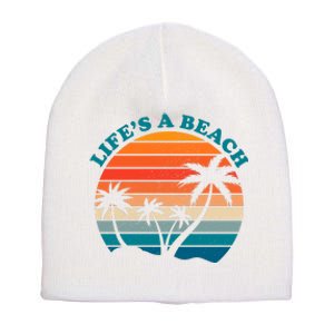 Lifes A Beach Retro Sunset Palm Tree Short Acrylic Beanie