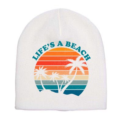 Lifes A Beach Retro Sunset Palm Tree Short Acrylic Beanie