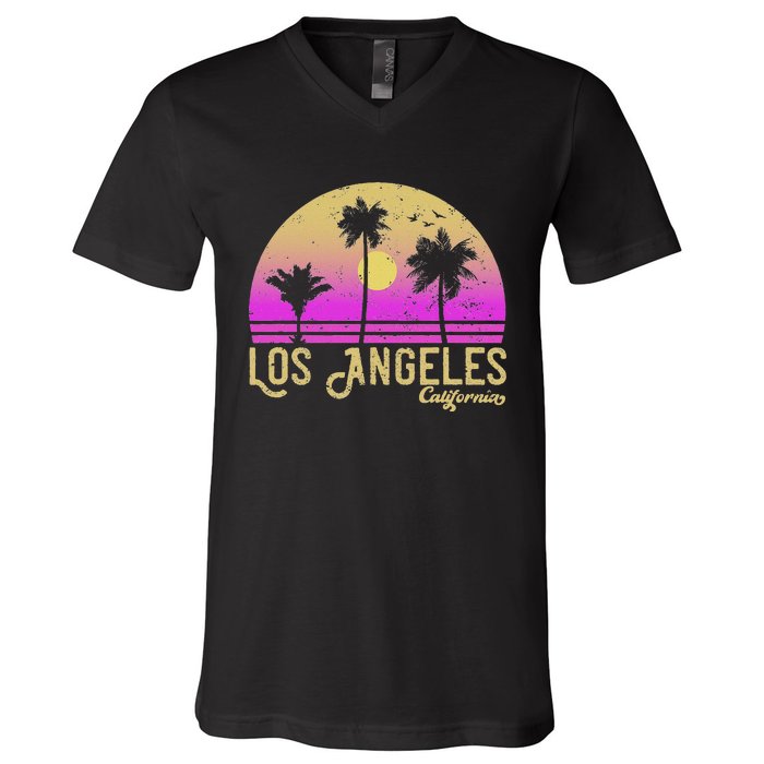 Los Angeles California Retro Vintage Sunset V-Neck T-Shirt