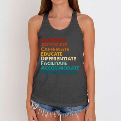 Laminate Advocate Caffeinate Educate SPED Special Education Women's Knotted Racerback Tank