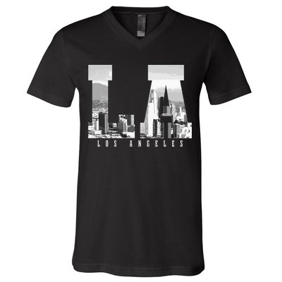 Los Angeles California La Skyline Pride Black White Vintage V-Neck T-Shirt