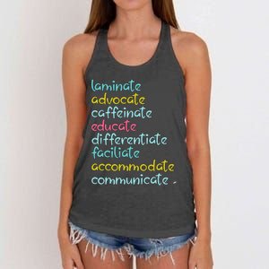 Laminate Advocate Caffeinate Special Teacher Women's Knotted Racerback Tank