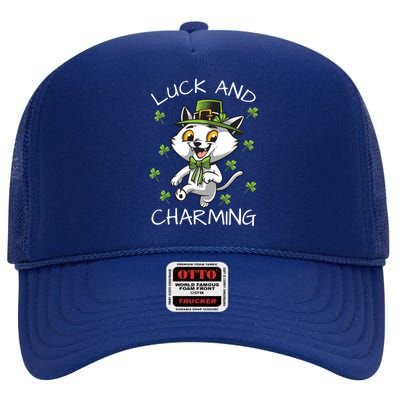 Luck And Charming Leprechaun Cat St Patricks Day Cute Gift High Crown Mesh Back Trucker Hat