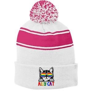 LGBT Ally Cat Be Kind Gay Rainbow Funny LGBTQ Gift Idea Stripe Pom Pom Beanie