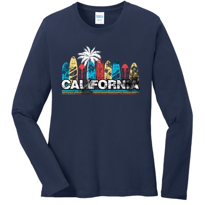 Los Angeles California Surfboard Theme Ladies Long Sleeve Shirt