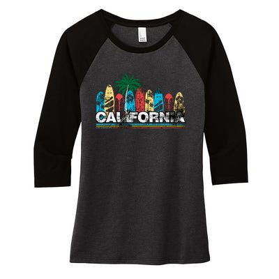 Los Angeles California Surfboard Theme Women's Tri-Blend 3/4-Sleeve Raglan Shirt