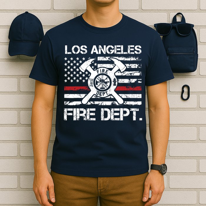 Los Angeles California Fire Department Thin Red Line Fireman T-Shirt