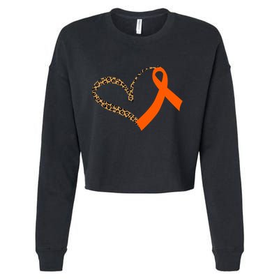 Leukemia Awareness Cancer Leopard Print Heart Orange Ribbon Meaningful Gift Cropped Pullover Crew