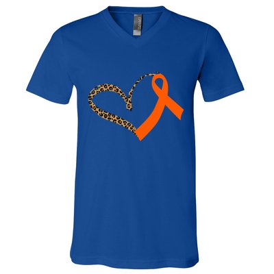 Leukemia Awareness Cancer Leopard Print Heart Orange Ribbon Meaningful Gift V-Neck T-Shirt