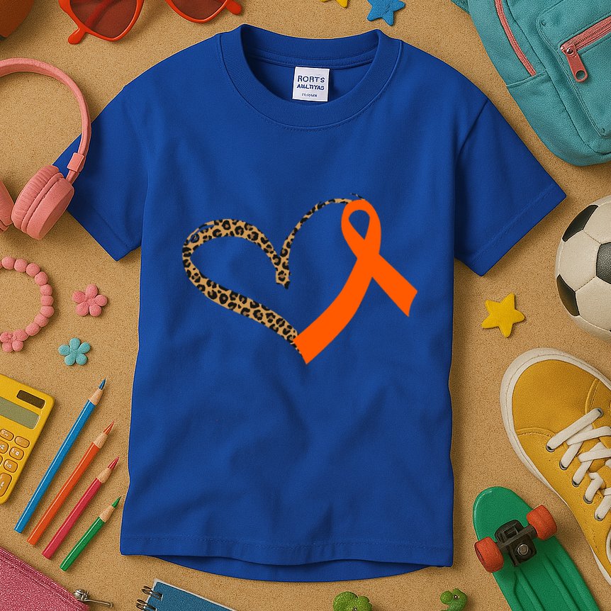 Leukemia Awareness Cancer Leopard Print Heart Orange Ribbon Meaningful Gift Kids T-Shirt