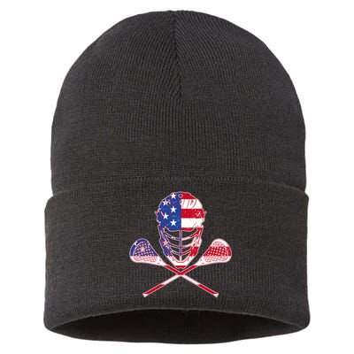 Lacrosse Sport Fan USA American Flag Sustainable Knit Beanie