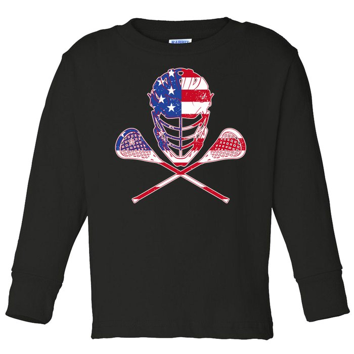 Lacrosse Sport Fan USA American Flag Toddler Long Sleeve Shirt