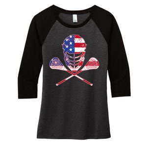 Lacrosse Sport Fan USA American Flag Women's Tri-Blend 3/4-Sleeve Raglan Shirt