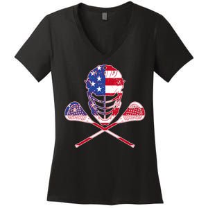 Lacrosse Sport Fan USA American Flag Women's V-Neck T-Shirt