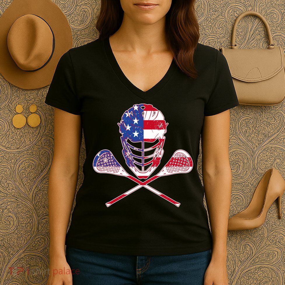 Lacrosse Sport Fan USA American Flag Women's V-Neck T-Shirt