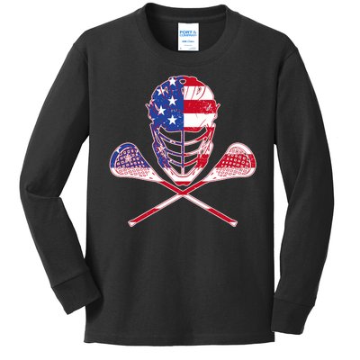 Lacrosse Sport Fan USA American Flag Kids Long Sleeve Shirt