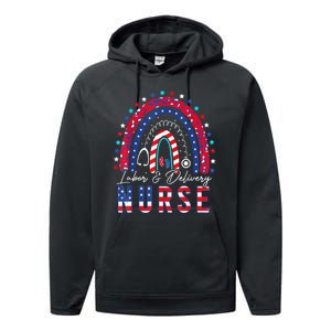 Labor And Delivery Nurse 4th Of July Rainbow Performance Fleece Hoodie