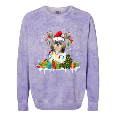 Lhasa Apso Dog Santa Reindeer Funny Christmas Lights Dog Gift Colorblast Crewneck Sweatshirt