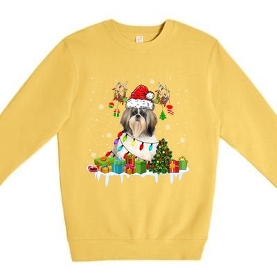 Lhasa Apso Dog Santa Reindeer Funny Christmas Lights Dog Gift Premium Crewneck Sweatshirt