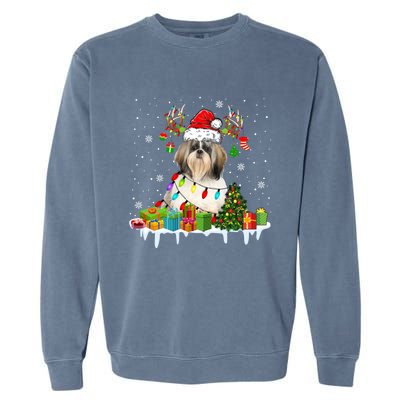 Lhasa Apso Dog Santa Reindeer Funny Christmas Lights Dog Gift Garment-Dyed Sweatshirt