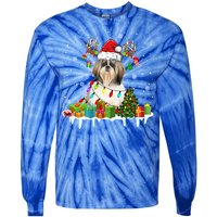 Lhasa Apso Dog Santa Reindeer Funny Christmas Lights Dog Gift Tie-Dye Long Sleeve Shirt