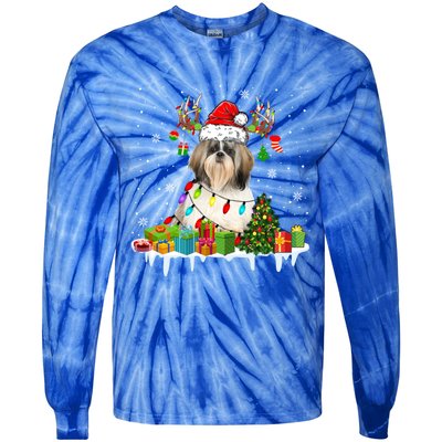 Lhasa Apso Dog Santa Reindeer Funny Christmas Lights Dog Gift Tie-Dye Long Sleeve Shirt