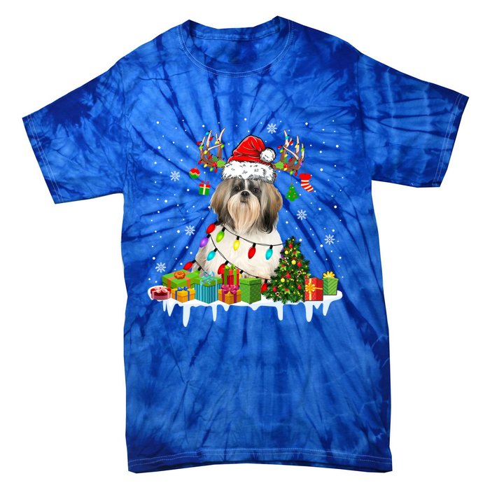 Lhasa Apso Dog Santa Reindeer Funny Christmas Lights Dog Gift Tie-Dye T-Shirt