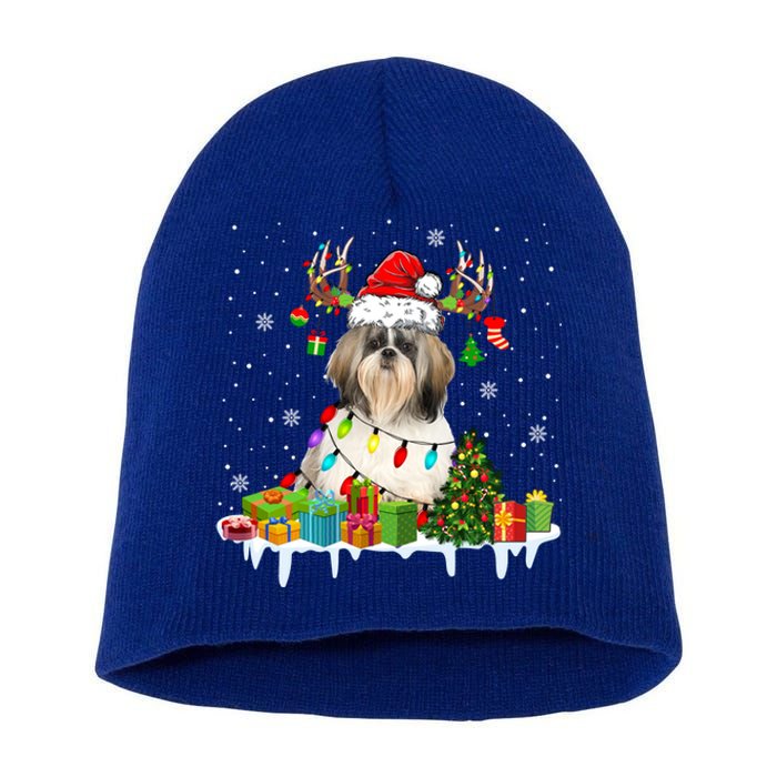 Lhasa Apso Dog Santa Reindeer Funny Christmas Lights Dog Gift Short Acrylic Beanie