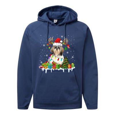 Lhasa Apso Dog Santa Reindeer Funny Christmas Lights Dog Gift Performance Fleece Hoodie