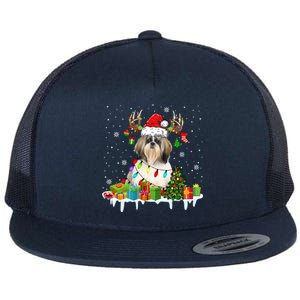 Lhasa Apso Dog Santa Reindeer Funny Christmas Lights Dog Gift Flat Bill Trucker Hat