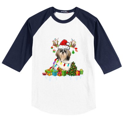 Lhasa Apso Dog Santa Reindeer Funny Christmas Lights Dog Gift Baseball Sleeve Shirt