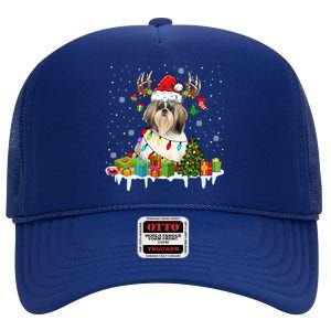 Lhasa Apso Dog Santa Reindeer Funny Christmas Lights Dog Gift High Crown Mesh Back Trucker Hat